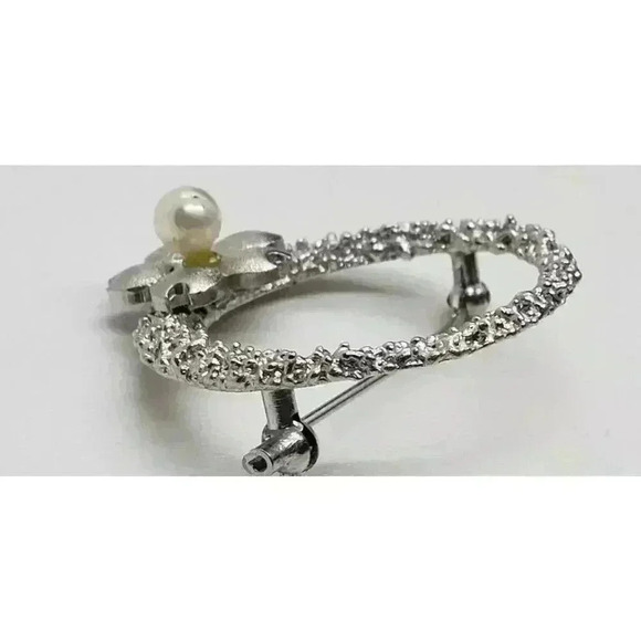 Vintage Tasaki Silver & Akoya Pearl Brooch Textured Wreath With Flower Rare - Picture 7 of 13
